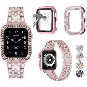 3-Pack Compatible With Apple Watch Band 38mm 40mm 41mm 42mm 44mm 45mm 49mm with Case, Bling Diamond Metal Strap with Diamond Case + Glass Screen Protective Cover For iWatch Series 9 8 SE 7 6 5 4 3 2 1