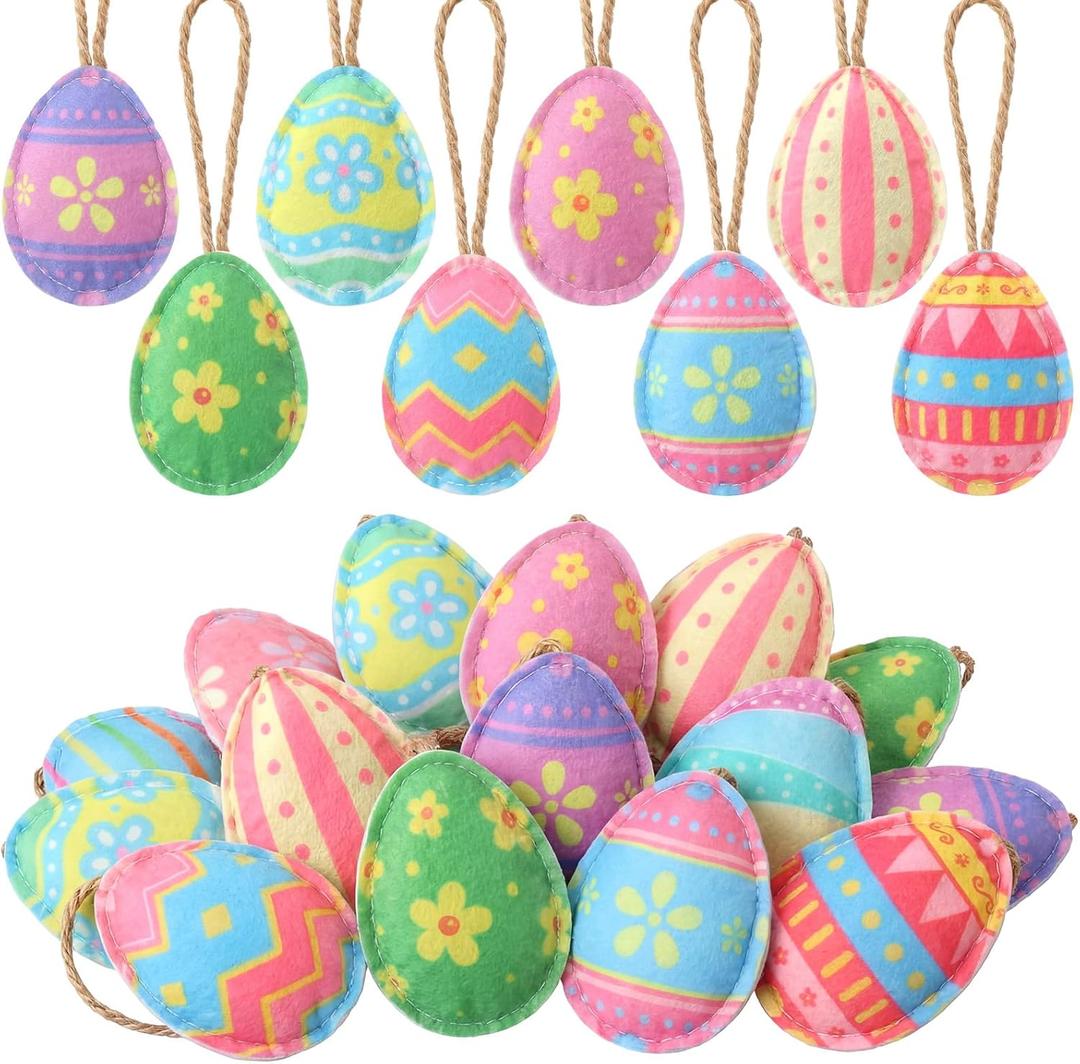 SmoothNovelty 24 Pcs Felt Easter Egg Tree Ornaments 3D Hanging Egg Decoration for Tree with Flower Colorful Stripes Felt Easter Decoration for Home Indoor Outdoor Holiday Basket Stuffers