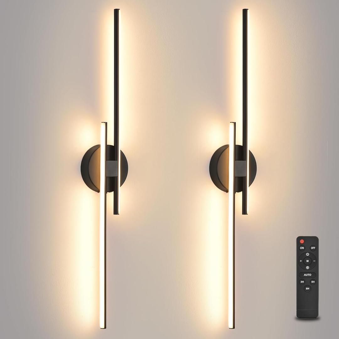 Rechargeable Battery Operated Wall Sconce Set Of Two, Black Wireless LED Wall Sconces With Remote Control, Dimmable 3 Colors Cordless wall lights for Living Room, bedroom, Hallway, 31.4 Inch ( 2pcs)