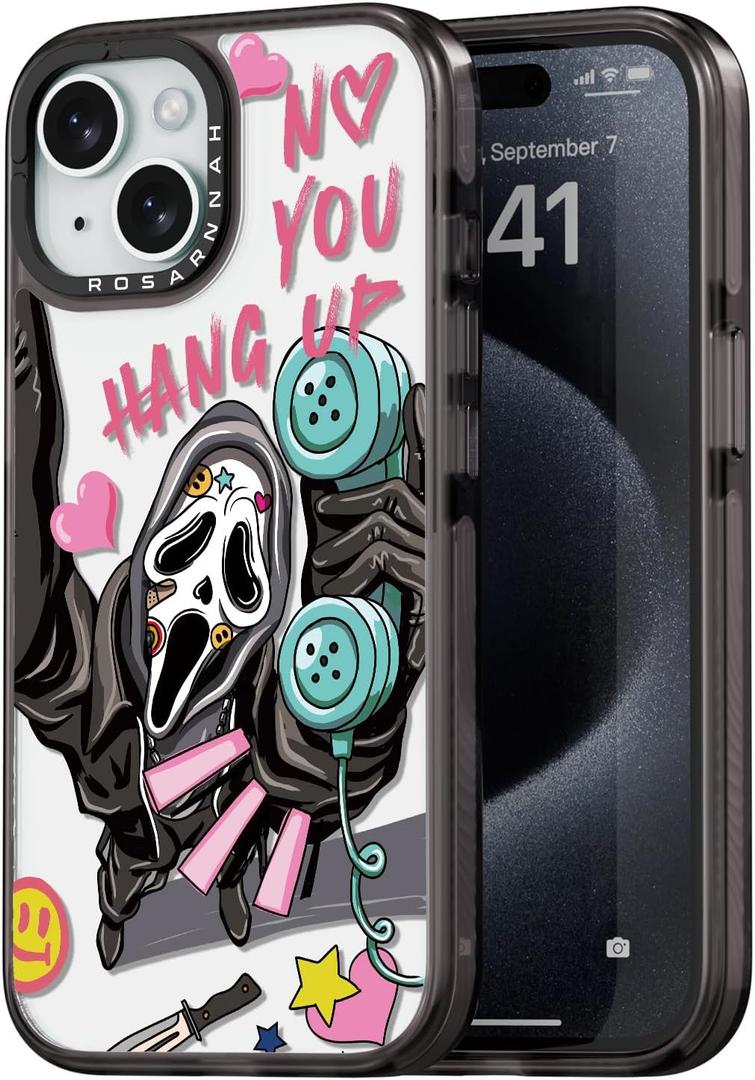 Compatible for iPhone 15 Case Cute Aesthetic - Durable Shockproof 6.6 ft Drop Impact Phone Case Cover with Funny Fashion Skeleton Halloween Horror 6.1" Black