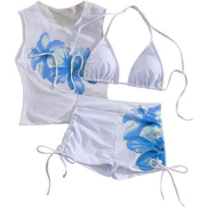 GORGLITTER Women's 3 Piece Swimsuits Triangle Halter String Bikini Top Bathing Suit with Shorts (White, L)