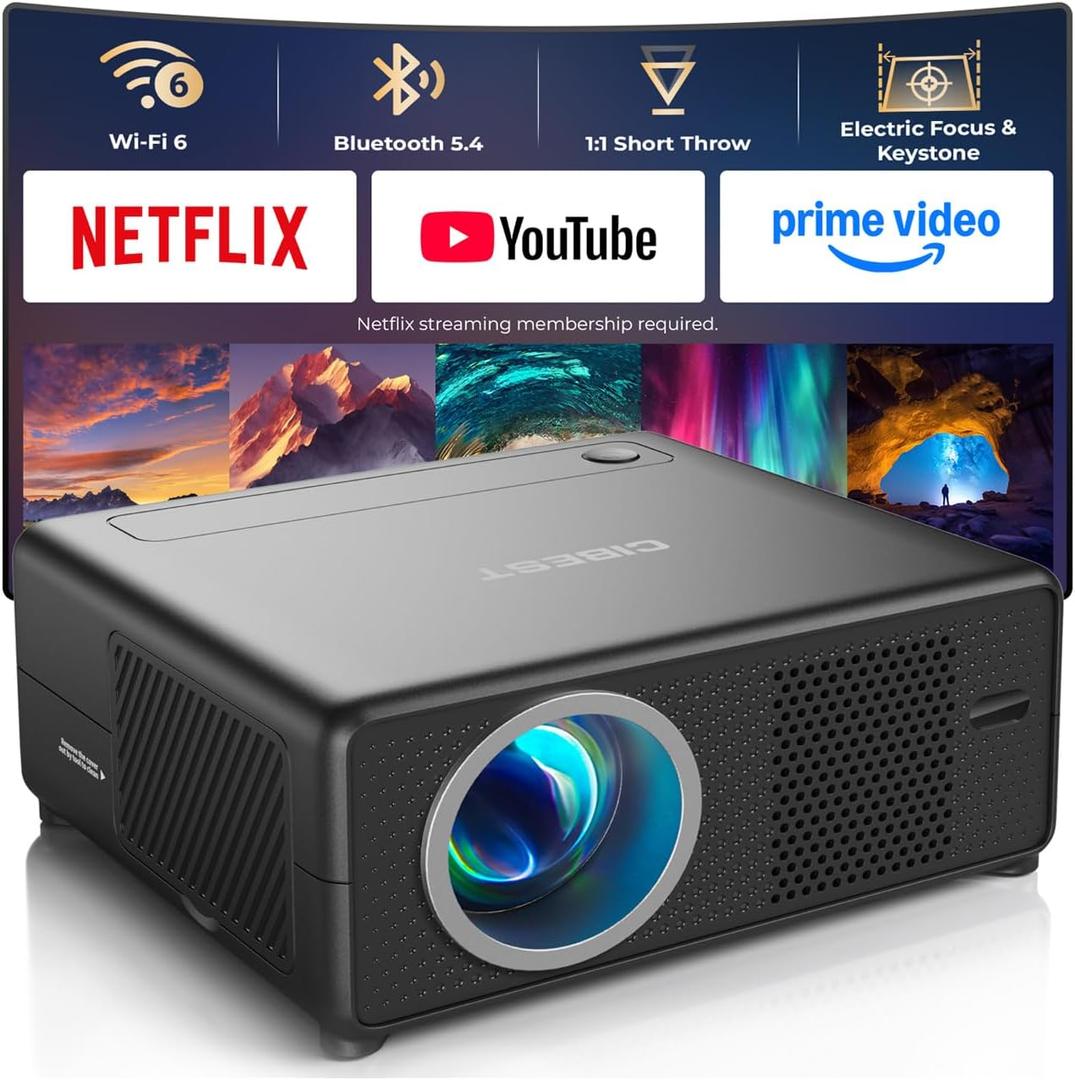 CiBest Mini Projector with WiFi and Bluetooth, Compatible with Netflix/YouTube/PrimeVideo, Electric Focus & Keystone, Short Throw Full HD 1080P Video Projector, Portable Outdoor/Indoor Use