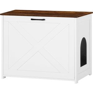 Dwanton Cat Litter Box Furniture Hidden, Cat Litter Box Enclosure, Reversible Entrance Can Be on Left or Right Side, Indoor Cabinet, Wooden Washroom, End Table, White and Rustic Brown, 27.6" L