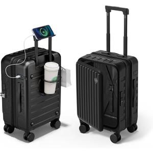Expandable Lightweight PC Hard Shell Suitcase, 20-inch Carry On Luggage with TSA Lock, 360 Silent Spinner Wheels, Top Opening & Cup Holder - Ideal for Business Travel Suitcase (Black)
