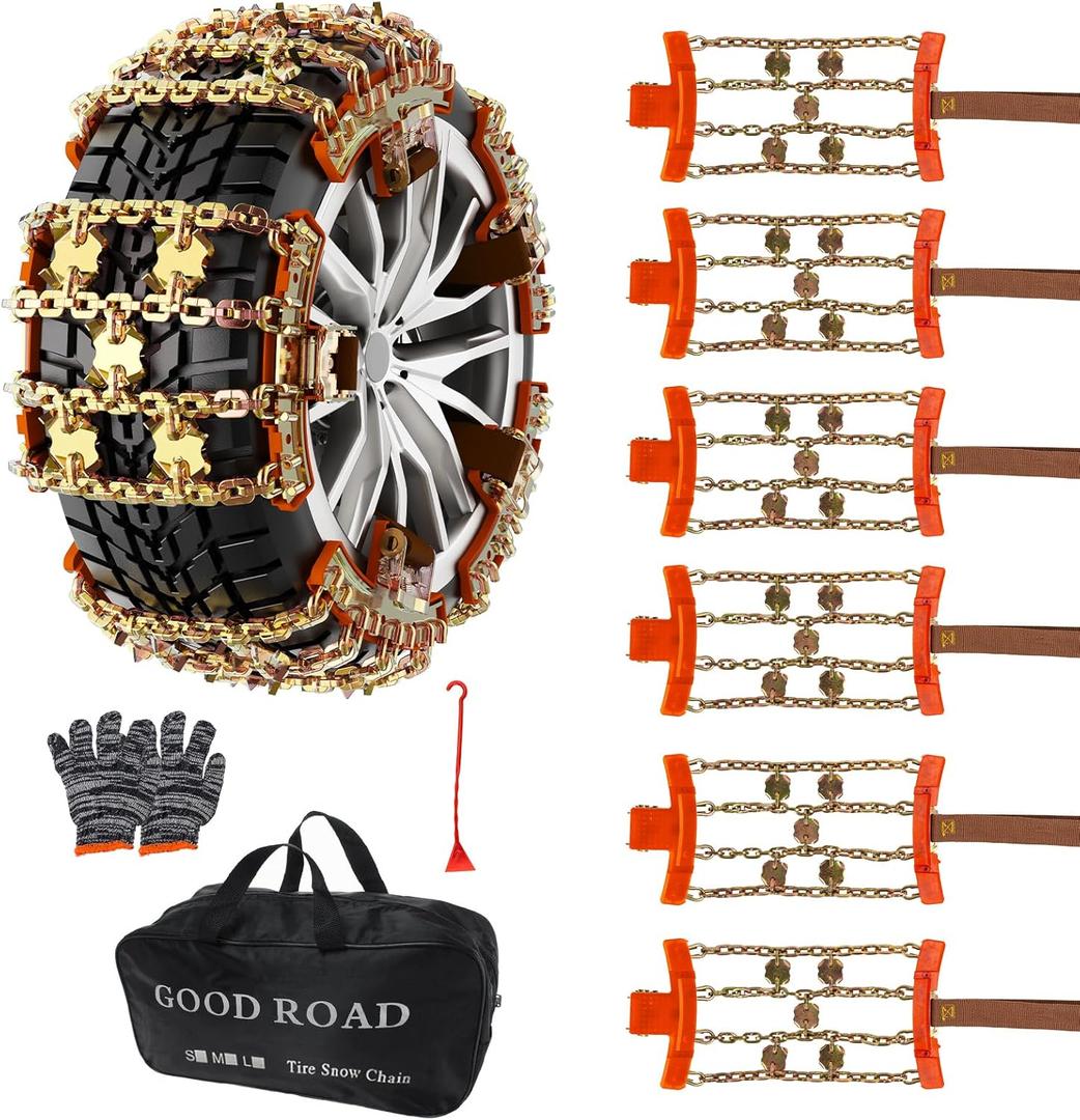 KYX Upgrade Alloy Steel Tire Chains for Car/SUV/Pickup Truks, Adjustable Universal Emergency Snow Chains for Off-road SUV Car Tires 185 195 205 215 225 235 245 255 - Set of 6, Alloy Steel