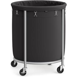 SONGMICS 50.2-Gallon (190 L) Laundry Basket with Wheels, Rolling Round Heavy-Duty Laundry Hamper Cart with Steel Frame and Removable Bag, 2 Locking Wheels, Ink Black and Metallic Silver URLS001B01