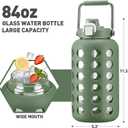 MUKOKO 84 oz Glass Water Bottles,2.5 Liter Gallon Drinking Bottle with Handle,Large Glass Water Jug with Silicone Sleeve for Gym Sports,Time Marker,Wide Mouth,Olive
