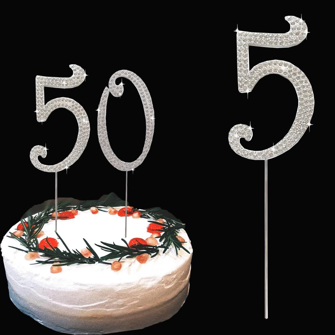 Cake Topper Silver Metal Number 5, Diamond Cake Decoration with Sparkle Rhinestone for Birthday Wedding Anniversary Party