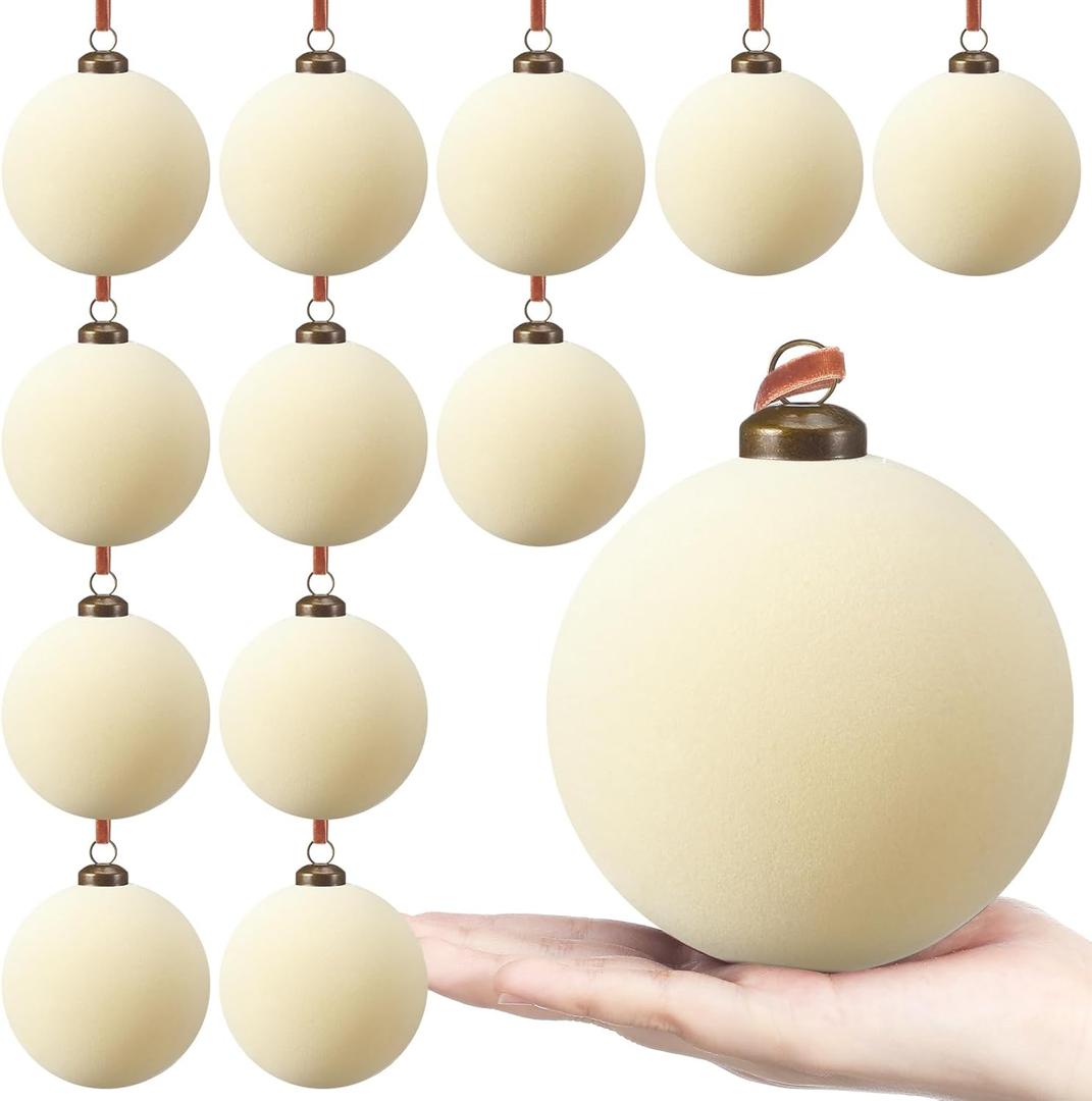 12 Pcs Velvet Christmas Ball Ornaments - 4 Inch Cream White Flocked Christmas Tree Balls Decorative Hanging Ornaments for Xmas Tree, Wreath, Garland or Wedding Holiday Party Decoration