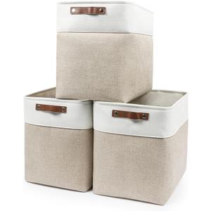 Large Fabric Storage Baskets | 50L Storage Bins, Decorative Linen Closet Baskets with Handles for Organizing, Shelf, Toys, Clothes, Home, Office, Nursery, 17x12x15Inches (Beige&White)