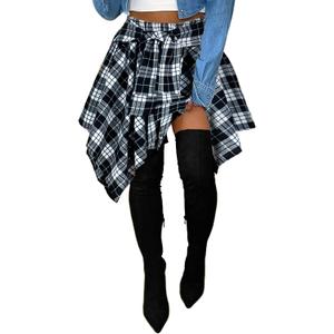 Women's Plaid Skirts High Waisted Knot Front Asymmetrical Hem Mini Skater Skirt (Black, XXL)