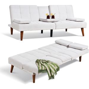 COLAMY Futon Sofa Bed - Fabric Small Couch, Convertible with Cup Holder, Removable Armrest, Adjustable Backrest - Beige