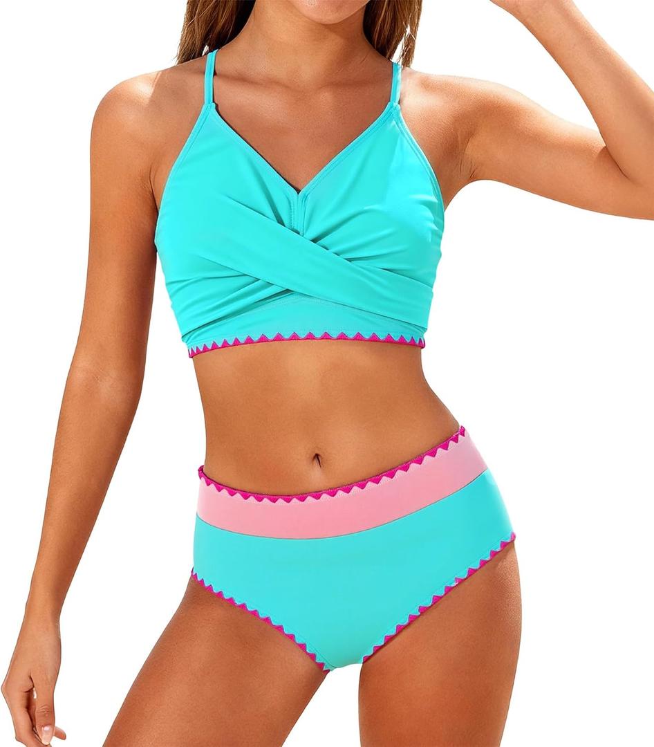 Kids4ever Girls Swimsuits 2 Piece Mint Green Color Block Tween Bikini Sets with Chest Pad Adjustable Straps Bathing Suits for Girls V Neck High Waisted Girls'Swimwear Size 9-10