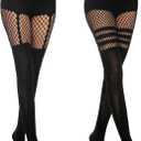 MANZI Womens Faux Thigh High Fishnet Stockings Stitching Opaque Pantyhose Mock Over the Knee Goth Striped Suspender Tights (Black)