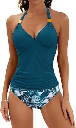 B2prity Halter Tankini Swimsuit for Women Tummy Control Two Piece Bathing Suit V Neck Swimwear with Shorts, Peacock Blue, Large