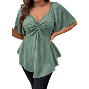 Eytino Womens Plus Size Tops Twist Front V Neck Short Sleeve Eyelet Embroidery Summer Loose Blouse Shirts(1X-5X) (4X, Green)