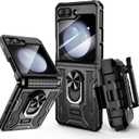 VEGO for Galaxy Z Flip 5 Case with Stand, 360Ring Magnetic Ring Kickstand & Belt Clip Holster & Camera Screen Protector & Hinge Protection, Shockproof Cover - Black