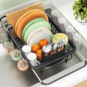 Expandable Dish Drying Rack Over The Sink, Adjustable Dish Rack in Sink, Rustproof Dish Drainer for Kitchen Counter, Dish Strainer with Utensil Holder, Standard Size