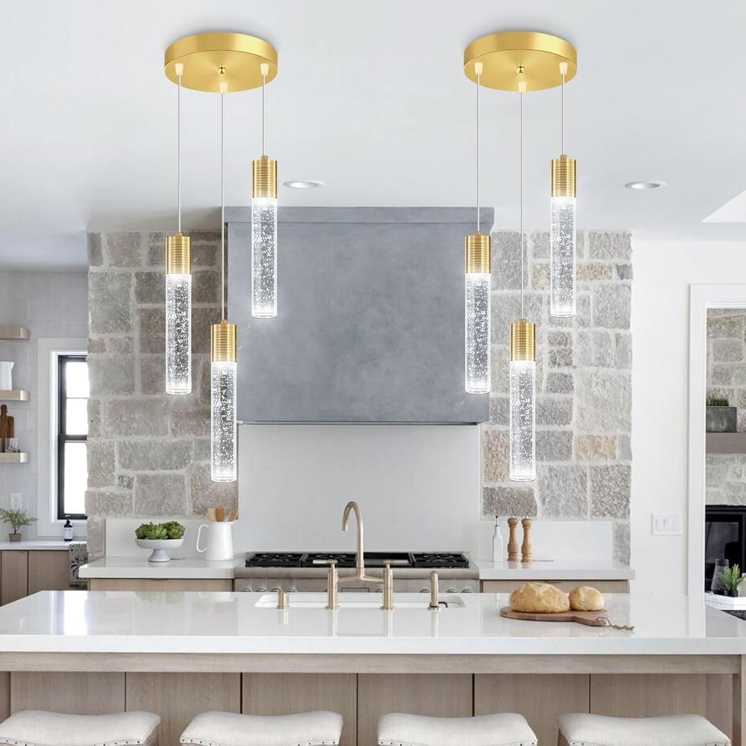 3-Lights Pendant Lights Modern LED Kitchen Island Light Bubble Pendant Light Pendant Lighting for Kitchen Island Dining Room Ceiling Hanging Lights Bedroom Mini Pendent Spot Lights (Gold)