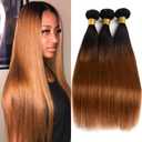1B/30 Straight Brown Bundles Human Hair Brazilian Brown Remy Hair Extensions Black Brown Ombre Hair Weave Extensions for Black Women 18 20 22 Inch