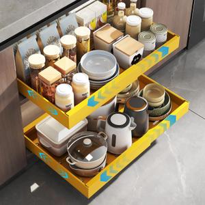 Mustorn 2 Pack Pull Out Cabinet Organizer, Expandable Slide Out Drawers for Kitchen Cabinets Peel and Stick Pullout Drawer Heavy Duty Sliding Shelves for Cupboard, Pantry, Bathroom(16.5" Deep, Yellow)