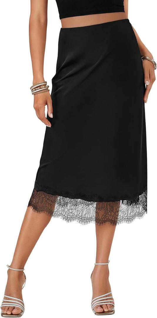 Vrtige Women's Satin Midi Skirt Elegant Silky Lace Trim High Waist Zipper Midi Skirt Black X-Large