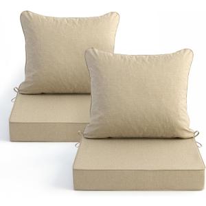 Summsun Outdoor Chair Cushions Set of 2, Faux Linen Patio Furniture Cushions, Water Resistant Backrest and Deep Seat Cushion Set with Straps, Removable Cover, Non-Slip Bottom, 22 x 22 Inch, Nature