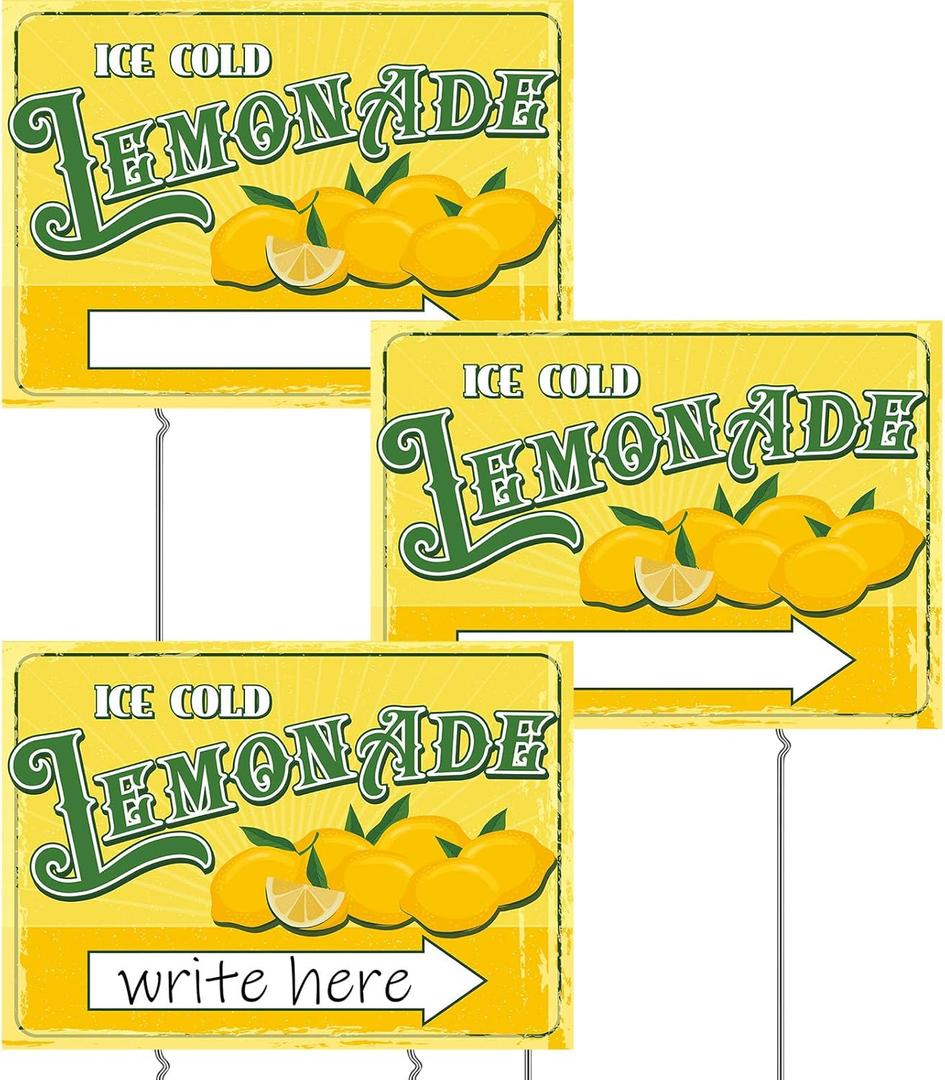 3 Sets 12" x 16" Summer Lemonade Yard Sign and Stake Double Sided Corrugated Plastic Lemonade Arrow Sign Lemonade Stand Supplies Decorations for Outdoor Yard Advertise (Classic Style)