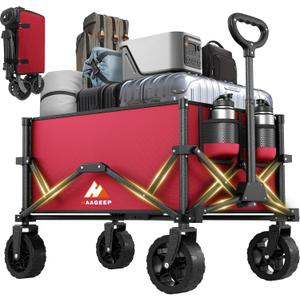 Wine Red Collapsible Wagon with Wheels, Portable Wagons Carts Foldable, Folding Wagon Cart for Groceries, Sports Garden Shopping Utility Wagon