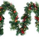 9ft Pre-Lit Artificial Christmas Garland,Christmas Tree Garland,Xma Tree Garland with Lights,Decorated with Pine Cones, Berry Clusters, Plug in, Christmas Collection,