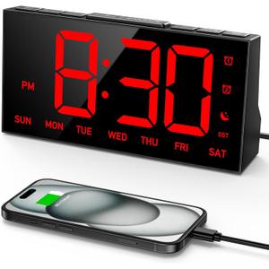 GOLOZA Digital Alarm Clocks for Bedrooms, Digital Clock with 4 Level Brightness +Off, Dual Customizable Alarms, USB Port, Power-Off Memory, Snooze, DST, 12/24H, Desk Clock for Kids Adults Elderly (Manual Time Sync, Red)