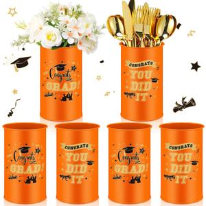 Domensi 6 Pcs 2025 Graduation Table Centerpiece Vase Decorations Class of 2025 Galvanized Metal Tin Vases for Artificial Flowers Grad Caps Cutlery Utensil Holder for Party Supplies Gifts(Orange)