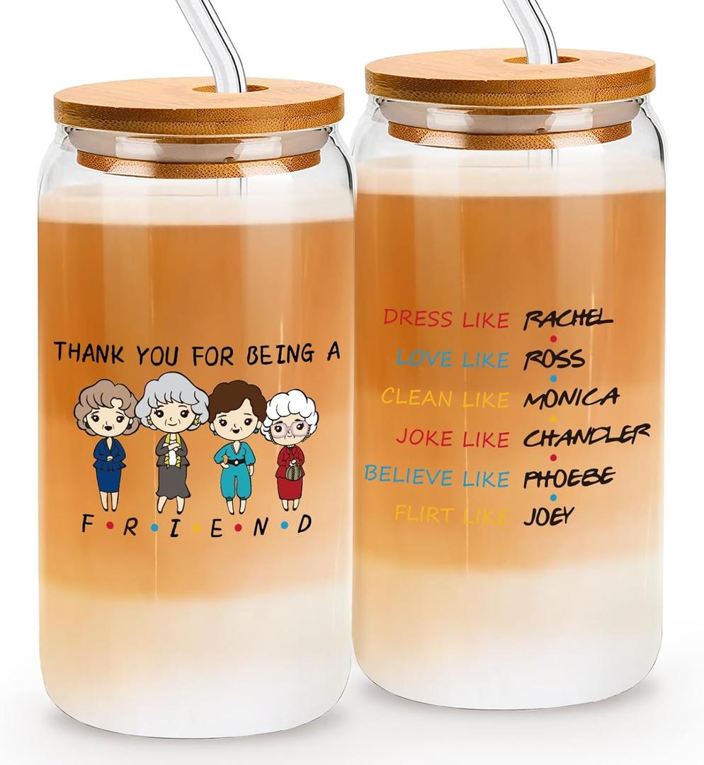 LRUIOMVE 16oz Glass Can Cup with Bamboo Lid & Straw - Reusable Drinking Glass for Iced Coffee, Smoothie, Beer, Ideal Friendship Gift for Women, Bestie