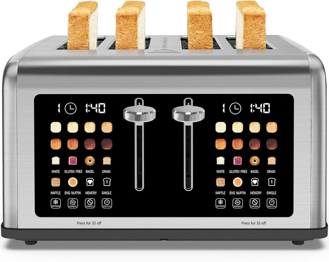 4 Slice Toaster Touch Screen, Stainless Steel Toasters Digital Timer, Dual Control Panel Toasters, 8 Shade Settings 6 Bread Types for Bagel, Cancel, Defrost 1650W