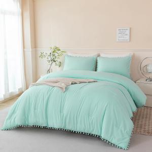 PERFEMET Mint Green Comforter Full Size 5 Piece Bed in A Bag Set Boho Pom Pom Girls Bedding Comforter Set Soft Fluffy Kids Solid Bed Set with Sheet(Mint Green, Full) (Full(5 Pcs))