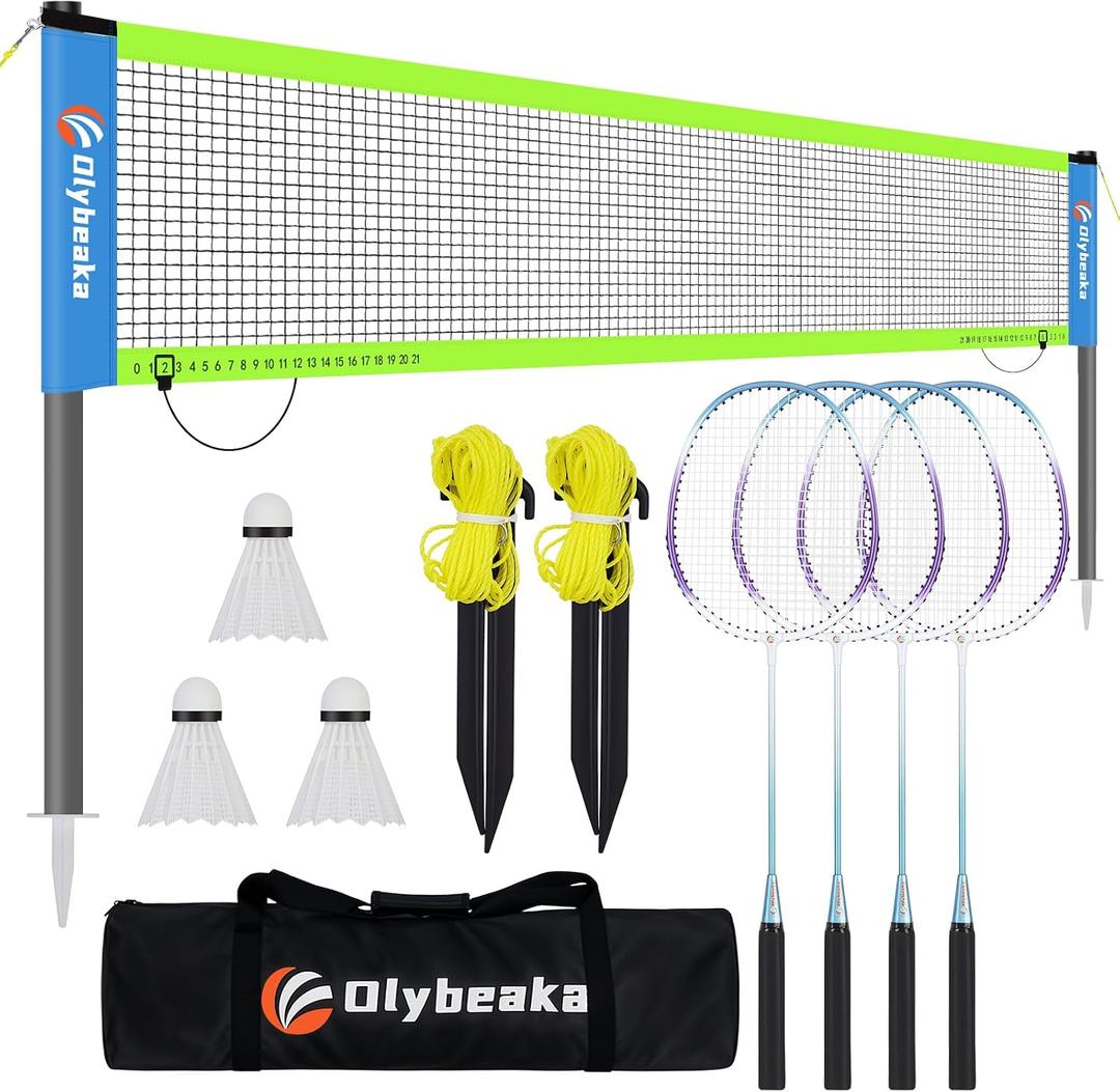 20ft Portable Outdoor Badminton Net Set for Driveway Backyard, Beach, Park with Durable Anti-Sag PE Net, Heavy Duty Steel Poles, 4 Badminton Rackets, 3 Shuttlecocks and 600D Carry Bag