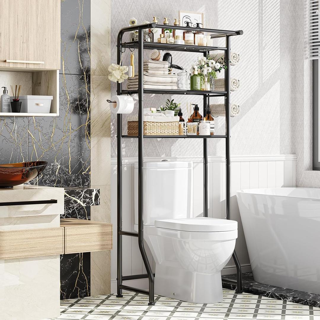 Simple Trending Over The Toilet Storage Cabinet, Metal Bathroom Shelf Organizer with Paper Holder and Hooks, 3 Tier, Black, 24.25"W x 13"D x 64"H