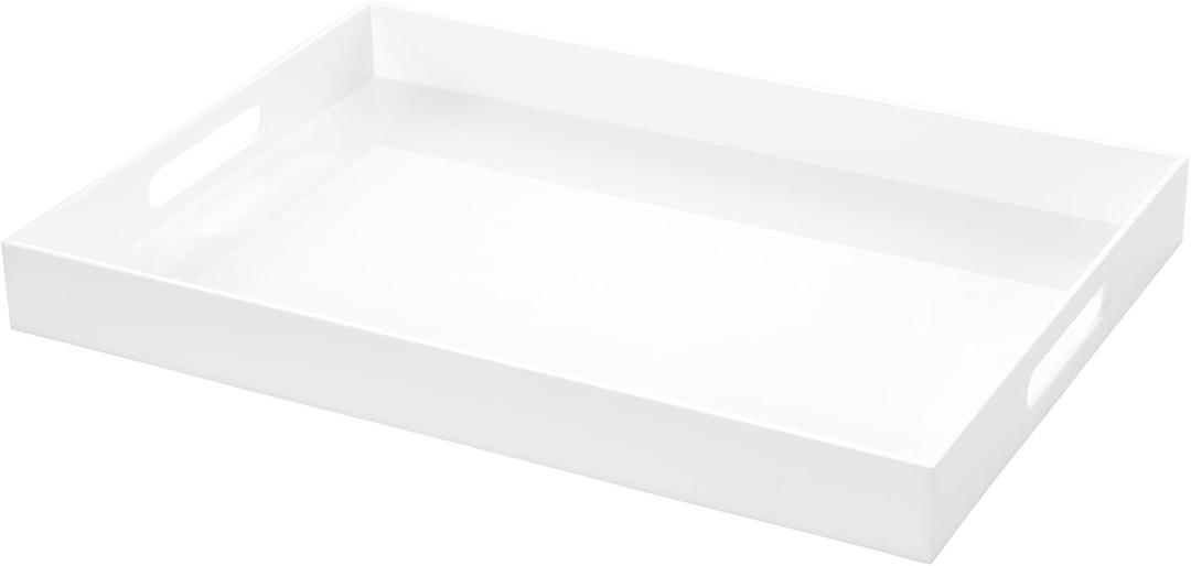 White Rectangular 14x20 Inches Acrylic Ottoman Tray Decorative Serving Tray with Cutout Handles Organizer Tray on Coffee Table Countertop Big Breakfast Bed Tray Living Room Appetizer Serving Food, 20" x 14" x 2"