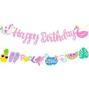 Pool Birthday Party Banners 2Pcs Swimming Pool Party Cutout Banners Glitter Pink Hawaii Pool Party Garlands Baby Shower Decorations Hello Summer Pool Supplies for Girls