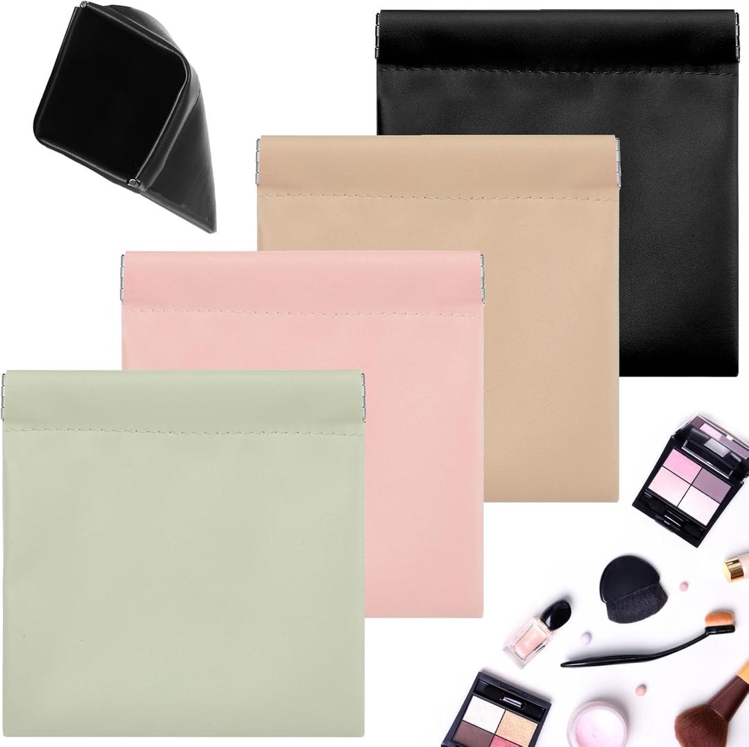 Ouligay 4PCS Small Snap Closure Pouches for Purse Waterproof Leather Portable Mini Makeup Bag Small Travel Organizer Pouch Little Cosmetic Bags for Women Multicolor