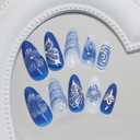 MISUD Press on Nails - Medium Almond Glue on Nails with Summer Blue, Acrylic Flower Butterfly Design 24 pcs