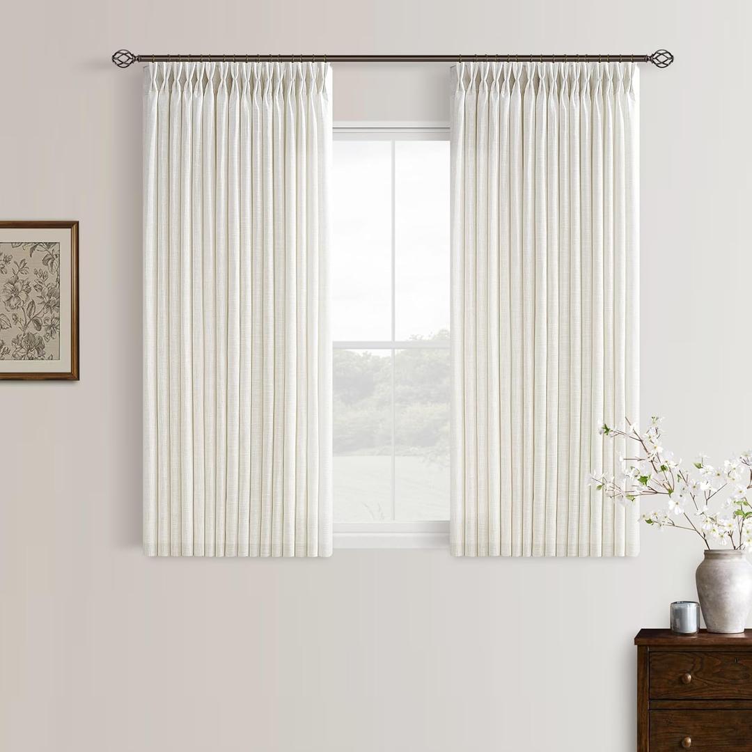 Natural Pinch Pleated Linen Curtains 45 Inch Length 2 Panels Set for Bedroom Dining Room Kitchen Semi Sheer Linen Boho Farmhouse Neutral Small Window Curtains 45 Inches Long Cream Ivory Birch 50x45