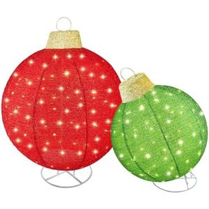 HOYECHI 2pc Lighted Pop-Up Outdoor Christmas Ornament Set – Holiday Ball Decorations with 200 LED Lights, 8 Lighting Modes, for Yard & Outdoor Christmas Decor - Red/Green