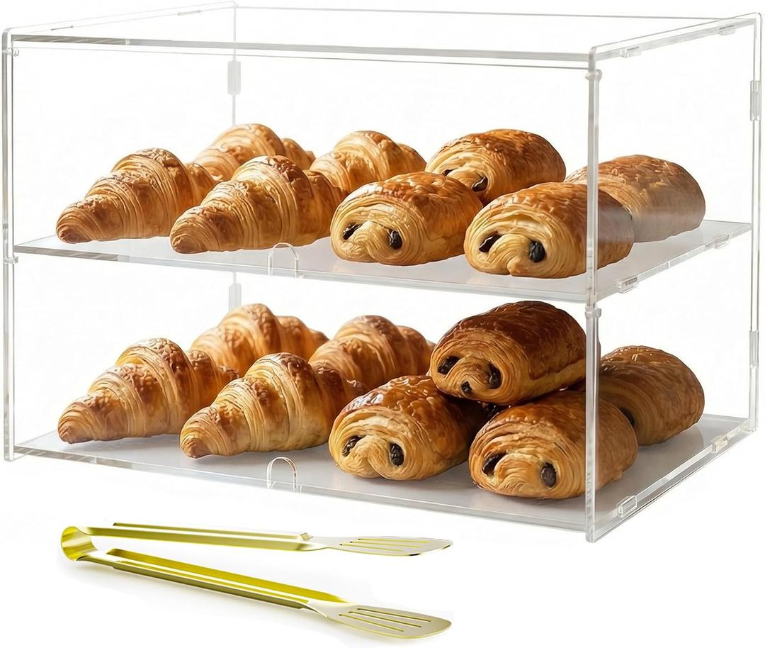 2-Tiers Bakery Display Case for Commercial Countertop, 18.9" x 9.5" x 11.8" Acrylic Pastry Display Case Storage Box for Dessert Donut Bread Cake Cupcake Bagels Cookie