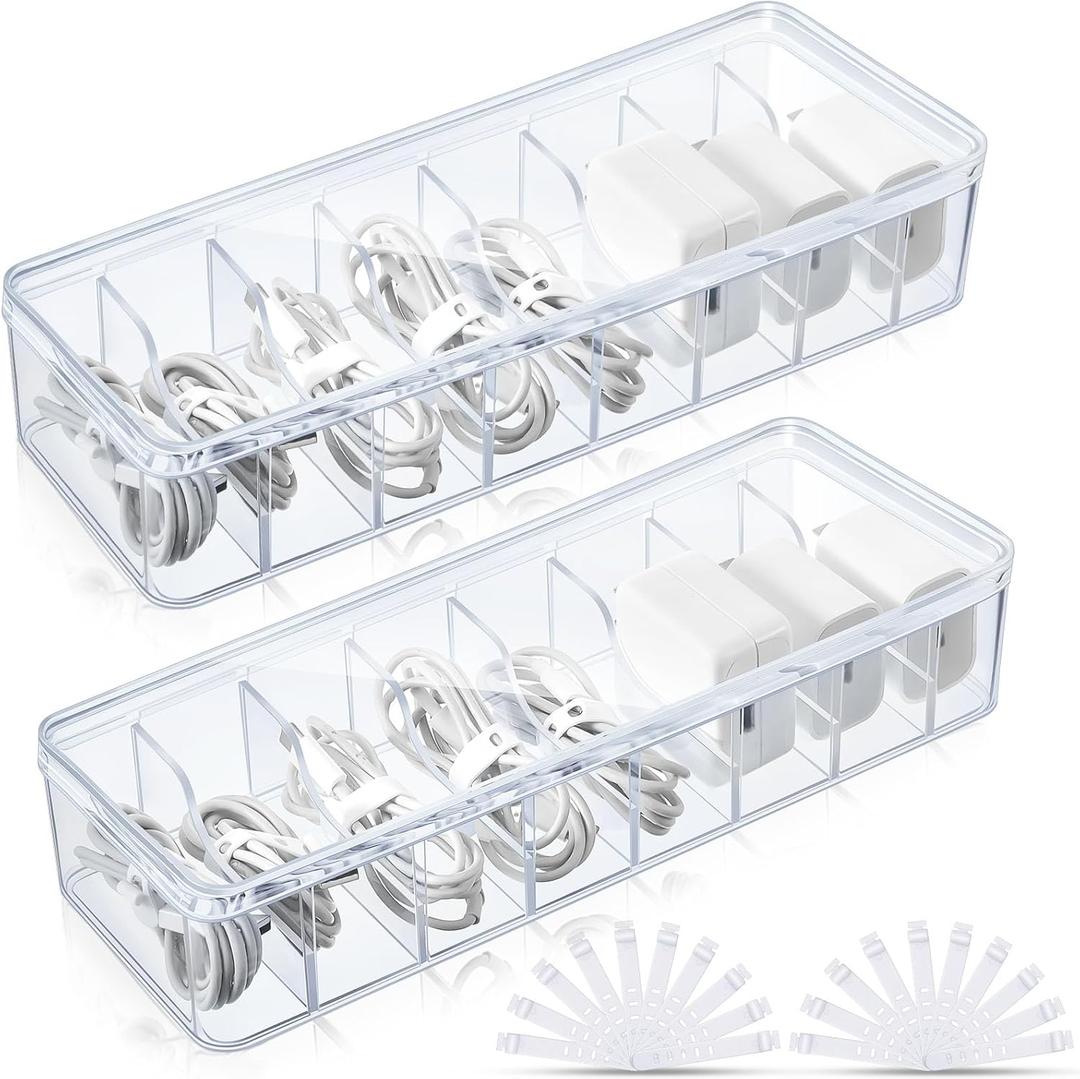 Tatuo 2 Pcs Cable Organizer Box with Wire Ties, Plastic Cord Storage Box with Lid, Electronics Organizer for Home Office Desk Organizers and Accessories (Clear)