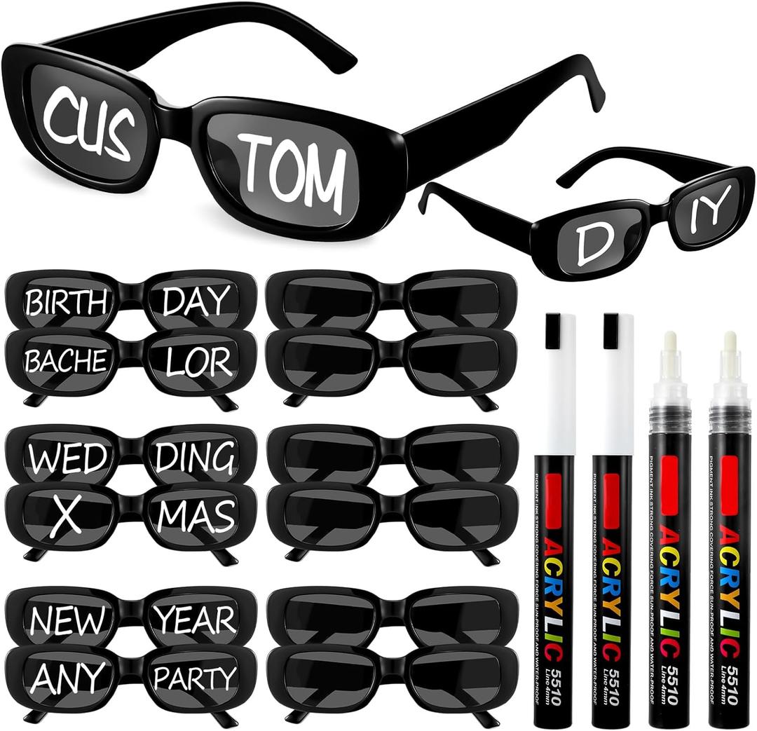 Flutesan Personalized Rectangle Sunglasses with Marker Pens for Adult DIY Custom Birthday Wedding (Black,white)