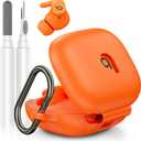 Compatible with Beats Powerbeats Fit Case Cover, Soft Silicone Shockproof Protective Skin Case for Powerbeats Fit Earbuds 2025 with Cleaner Kit & Carabiner, Top Logo Visible (Orange)