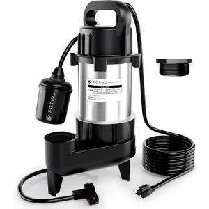 FOTING 1HP Submersible Sewage/Effluent Pump, Stainless Steel and Cast Iron 5600GPH, Automatic/Manual Septic Pump, Sump Pumps for Basement, Septic Tank, Sewage Well, Sewage System, 2'' NPT Discharge