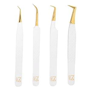 M LASH Tweezers for Eyelash Extensions (Set of 4) - Professional Lash Extension Tweezers - Fiber Tip, Japanese Steel, Diamond Grip Eyelash Extension Tweezer set (White)
