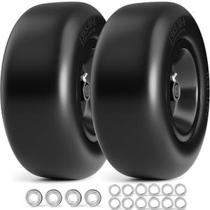 13x5.00-6 Flat Free Lawn Mower Tire and Wheel, 13x5x6 Solid Front Tires for Zero Turn Mower, 500Lbs Load, 3/4", 5/8" and 1/2" Bearings, 4.33"-6.73" Hub Spacers, 2Pack Black, TRK-TIR-1356FFBK